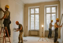 ekipa wykończeniowa pracuje w mieszkaniu w kamienicy w Krakowie