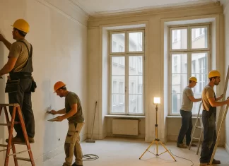 ekipa wykończeniowa pracuje w mieszkaniu w kamienicy w Krakowie